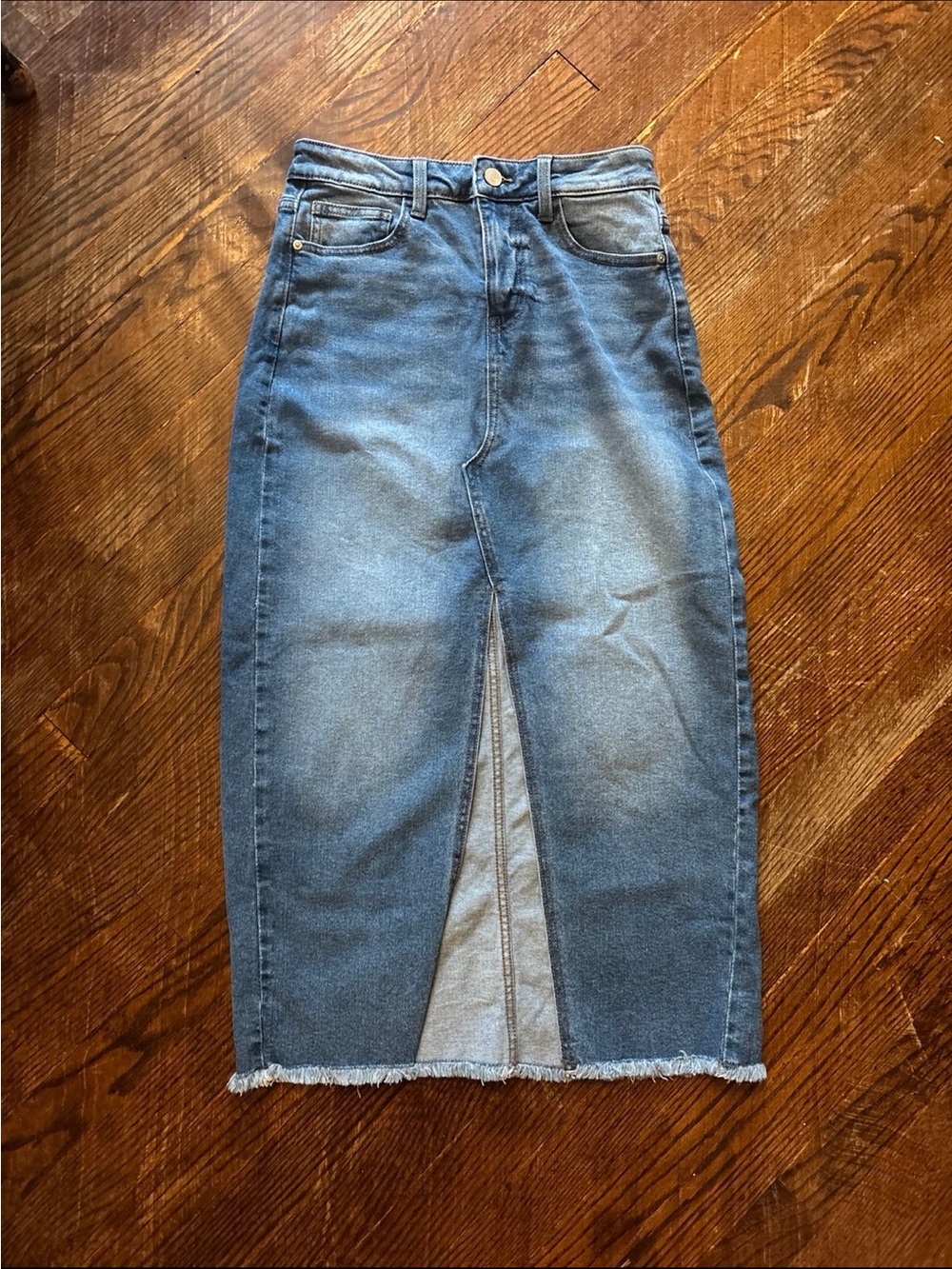 Celebrity Pink Straight-Leg Denim Skirt with Front Slit - Blue Wash